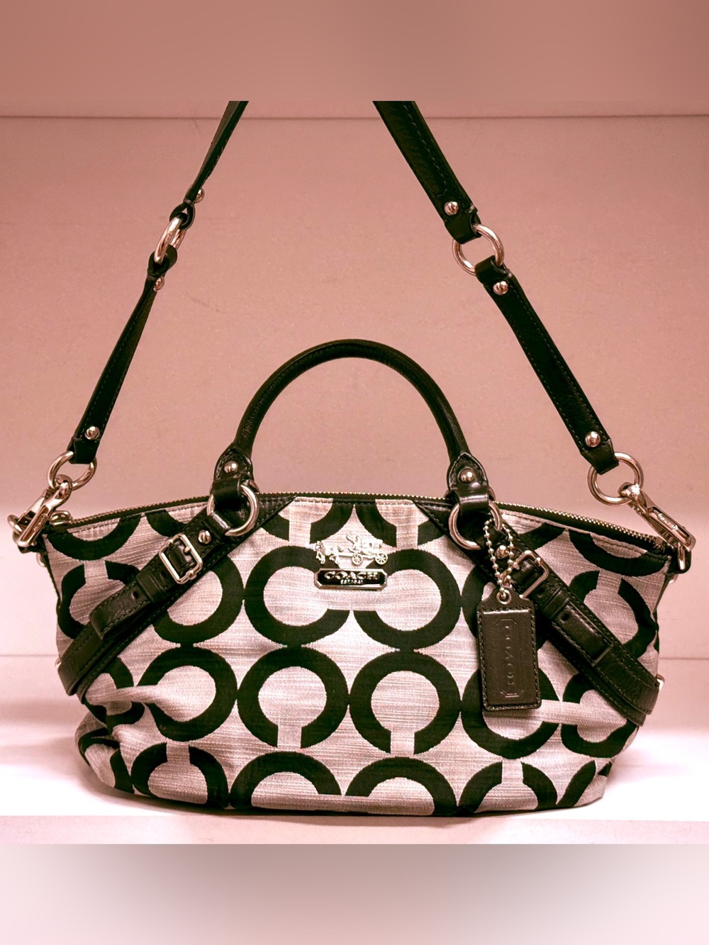 Coach Op Art Signature Jacquard Satchel Crossbody Black Ivory Style 17000 EUC
